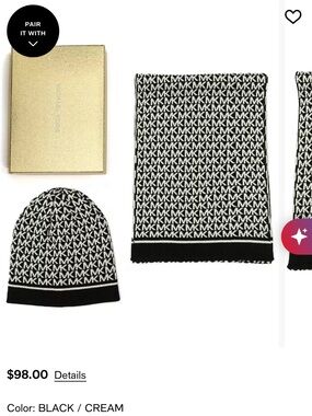 Michael Kors Black and Cream MK Logo Knit Beanie and Scarf Set